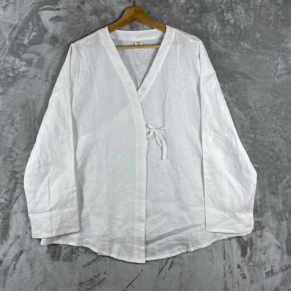 Lintico Wrap Blouse Women XL White 100% Linen Long Sleeve V-Neck Tie Front